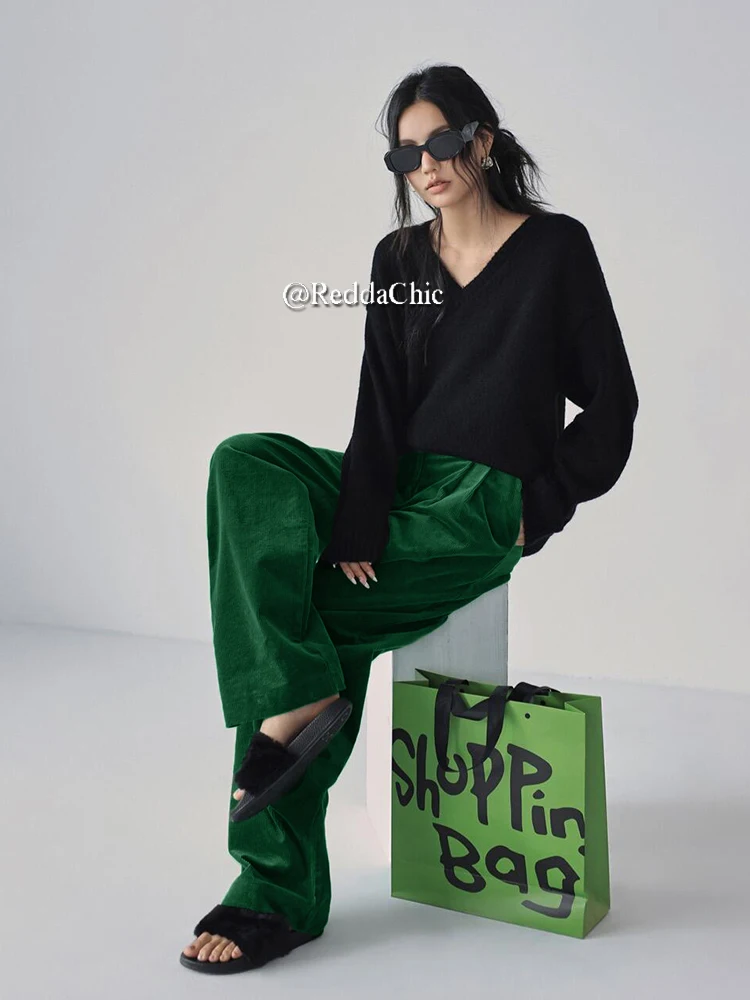 REDDACHiC Xmas Green Vintage Corduroy Pants Women Casual High Waist Wide Leg Striped Trousers Autumn Winter Going Out Streetwear
