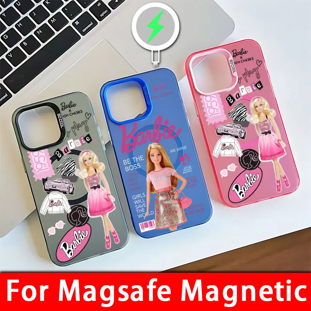 Cute Fashion Cartoon Barbies Girls Magsafe Magnetic Case for Samsung S25 S24 S23 S22 S21 S20 FE Plus Ultra 5G Soft Silver Cover