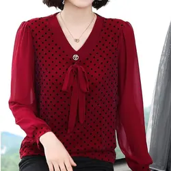 Blusa con estampado de lunares para mujer, camisa holgada informal con lazo y cordón, cuello en V, estilo coreano, primavera y otoño