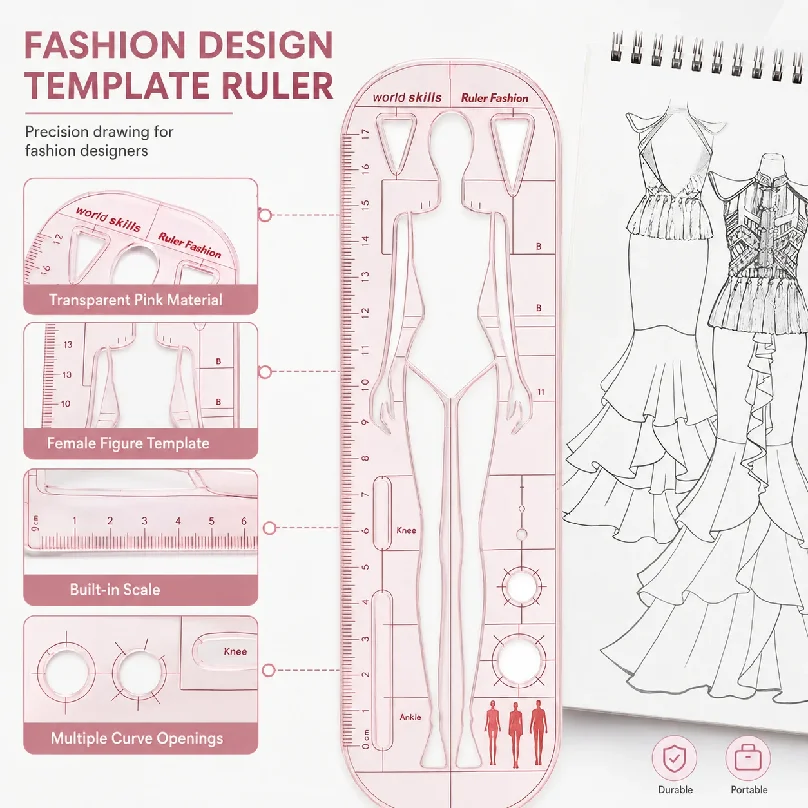 Fashion Design Template Ruler, Female Figure Stencil for Garment Sketching, Sewing Drawing Tool for Students