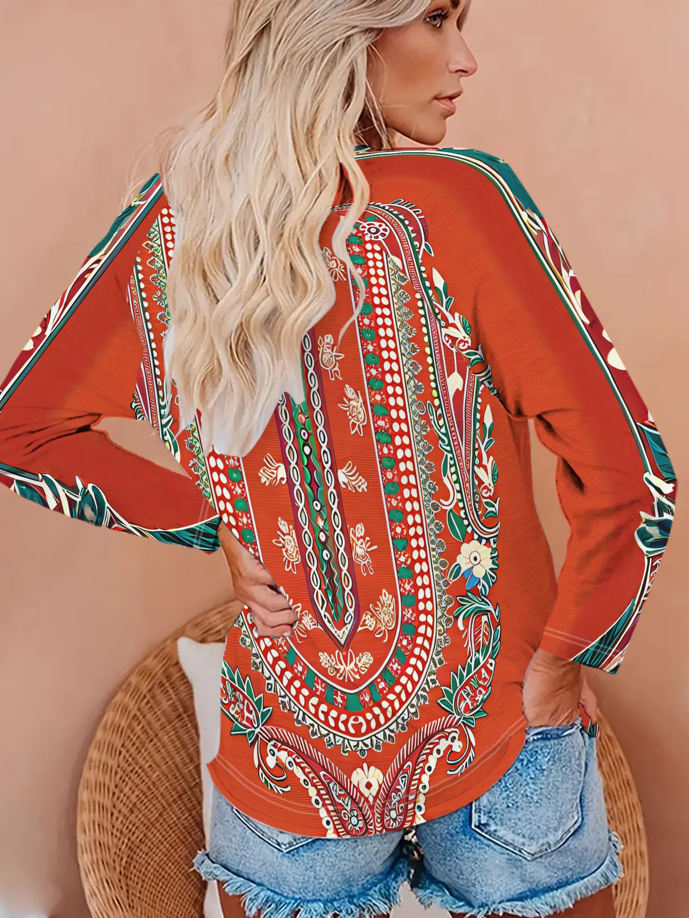 Women Round Neck Long Sleeve T‑shirt Bohemian Ethnic Pattern Print Holiday Tee Top Casual Daily Autumn Wear Women's Clothes