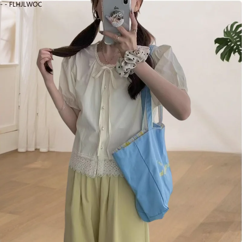 

Cute Sweet Peplum Tops Short New Design 2025 Woman Japan Girls Summer Short Sleeve Ruffles Casual Hollow Out White Lace Shirts