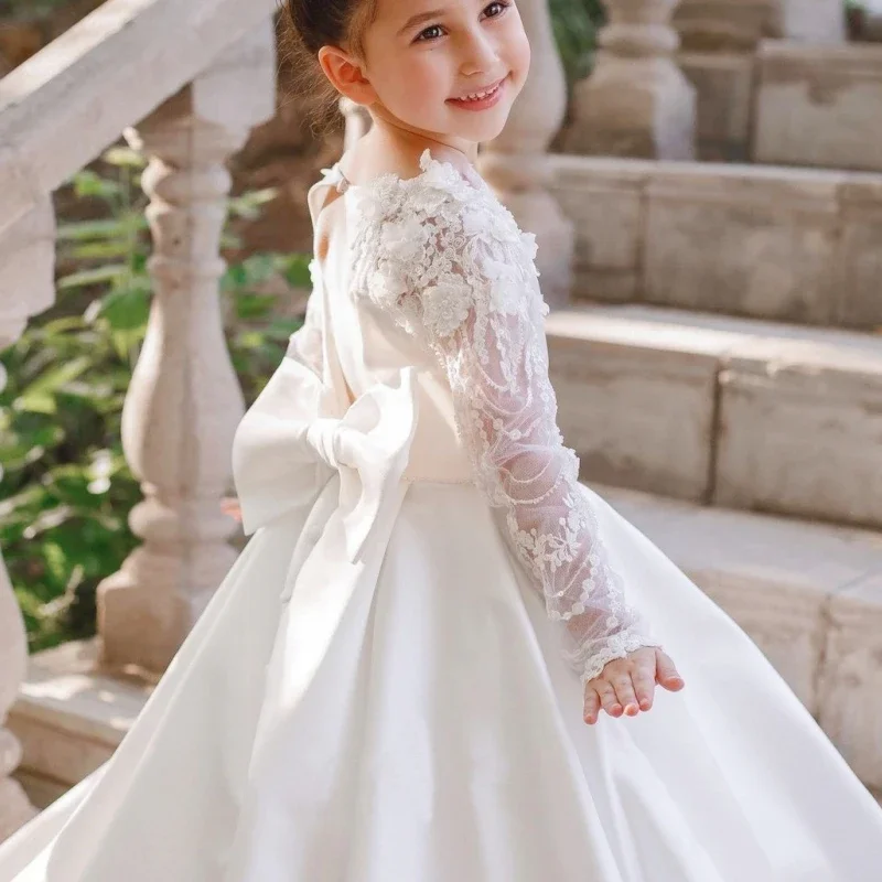 Vestidos de niña de flores personalizados, fiesta de noche de boda, vestido blanco de princesa de lujo para niños, vestidos de encaje de ilusión de manga larga con lazo