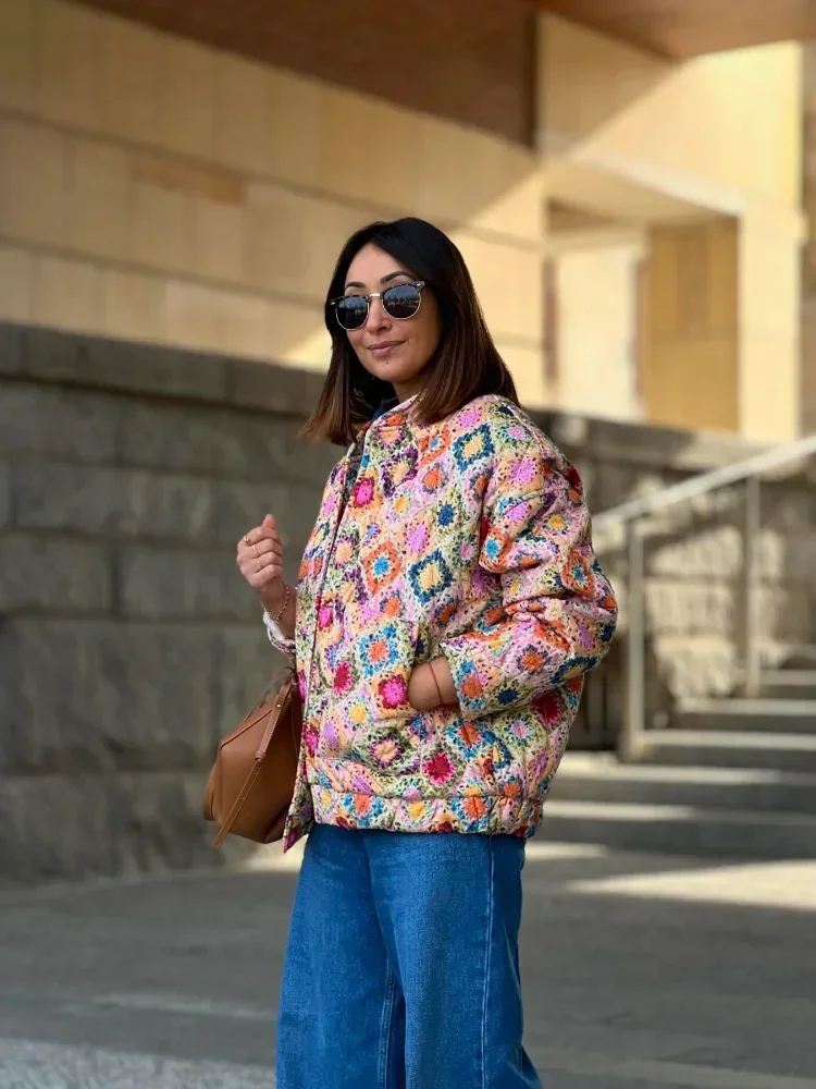 Chaquetas de algodón acolchadas con estampado para mujer, abrigo elegante de manga larga con cuello levantado y botonadura única, ropa de calle