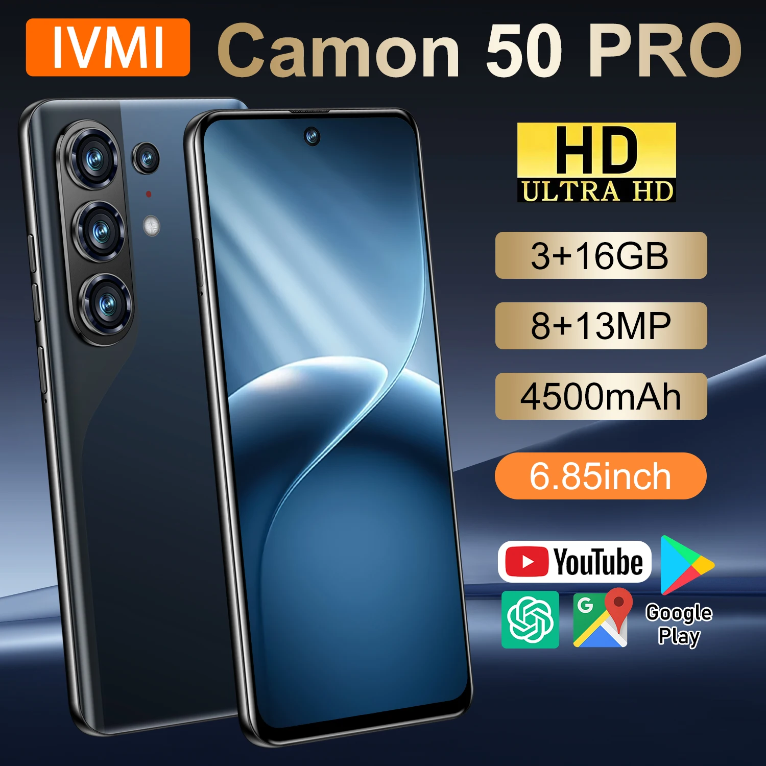 IVMI Global Vision Camon50 Pro Android10 Smartphone 3GB RAM 16GB ROM 8+13MP Face ID 4G Network Google Play Store Mobile Phone