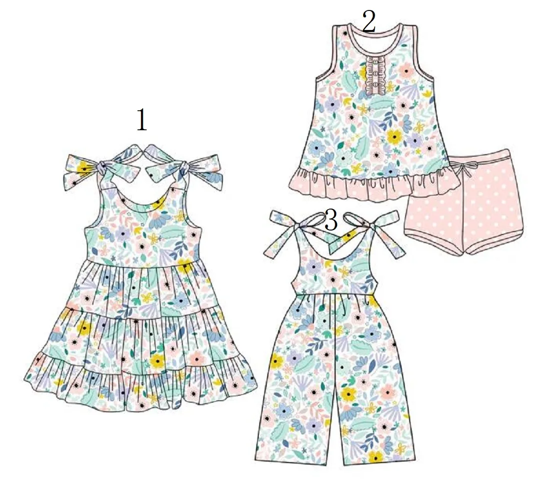 

Summer Baby Girls Colorful Floral Leaves Button Tunic Peach Polka Dots Short Set Knee Length Dress Jumpsuit Milk Silk Wholeasle