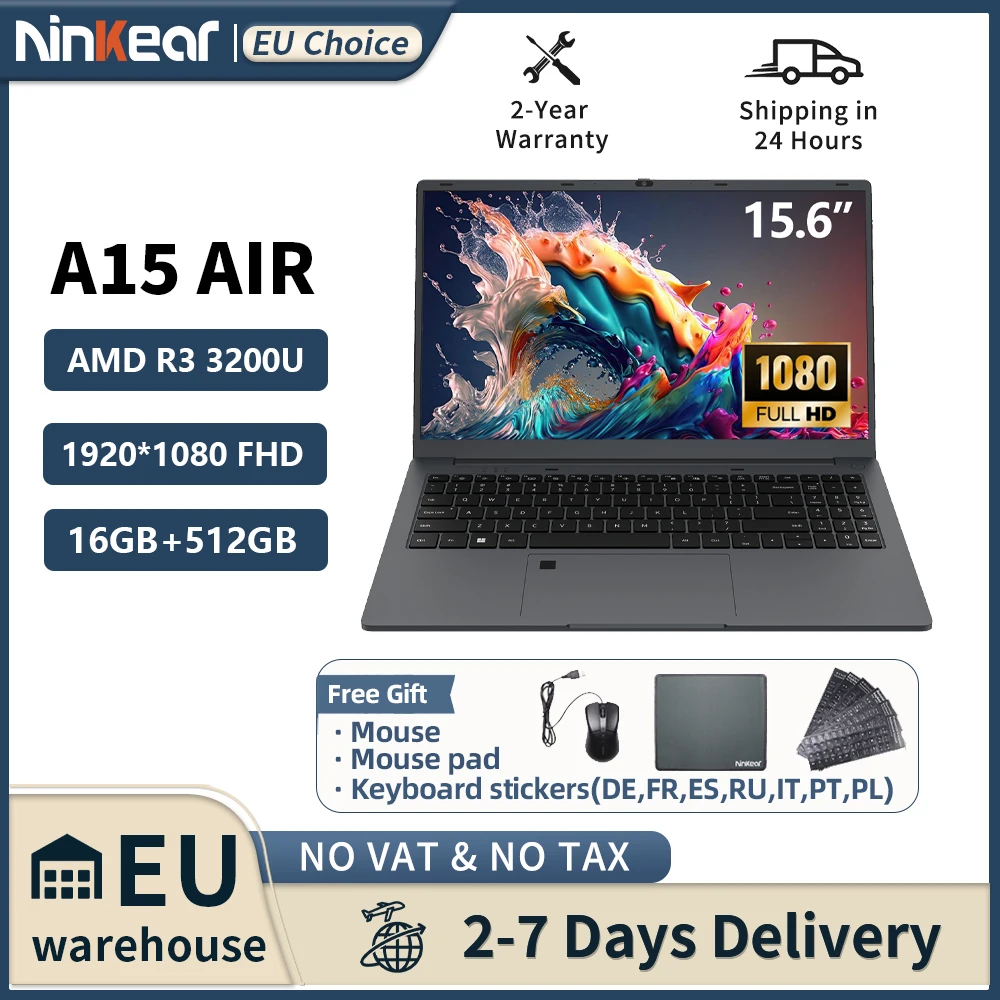 Portátil Ninkear A15 Air con AMD Ryzen ™   3 3200U 16GB DDR4+512GB SSD Pantalla IPS FHD de 15.6 Pulgadas 180 °   Apertura y Cierre del Cuaderno de Oficina