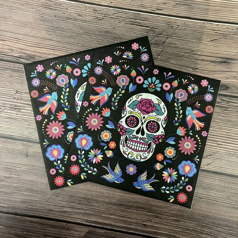 20pcs/Pac 33*33cm 2-Ply New Halloween Flower Skull Party Paper Napkins Colorful Napkins Party Decoration Paper Placemats Cheap