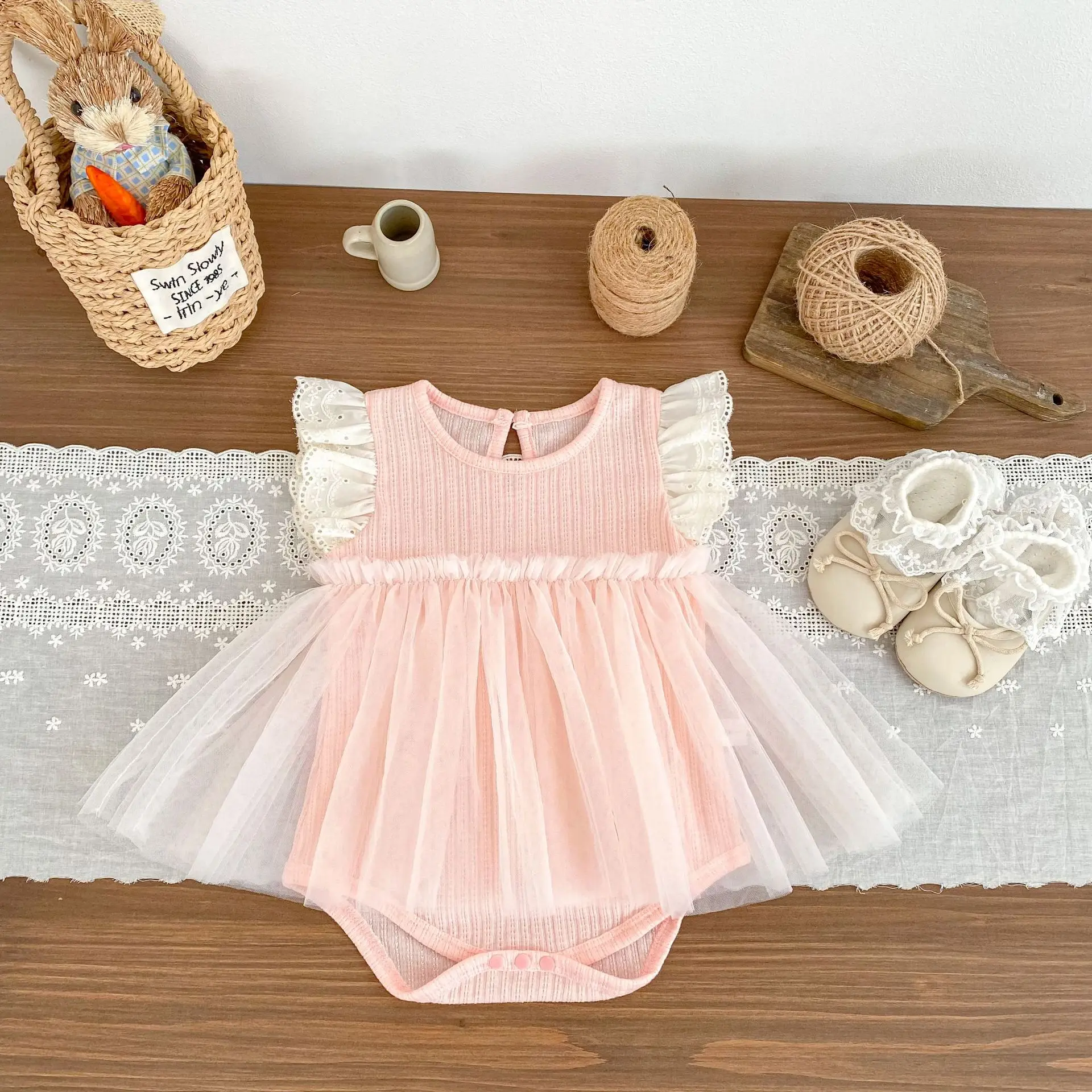 

2026 Summer New Cute Baby Girl Flying Sleeve Bodysuit Solid Infant Girl Sweet Mesh Princess Dress Cotton Toddler Jumpsuit 0-24M
