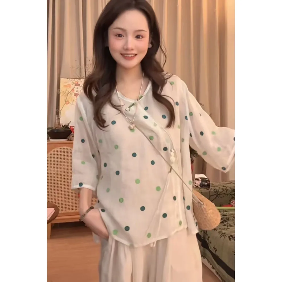 

Женская футболка больших размеров для похудения, модная, с вышивкой в горошек, в традиционном стиле, базовая, для повседневной носки, с обычным рукавом