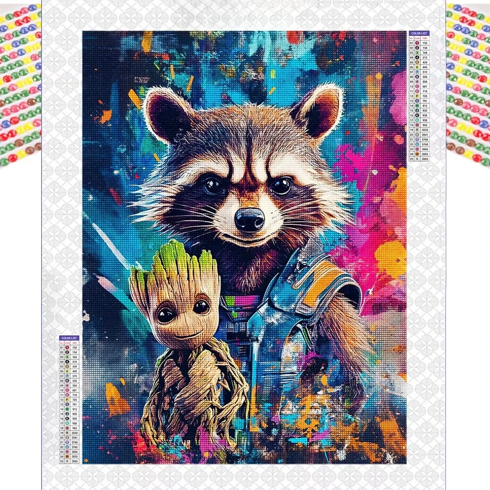 1 Stück rahmenloses 5D-Diamantgemälde zum Selbermachen, Rocket Raccoon, vollständiges Diamant-Mosaik, Marvel Guardians of the Galaxy, Stickerei, Groot Home De