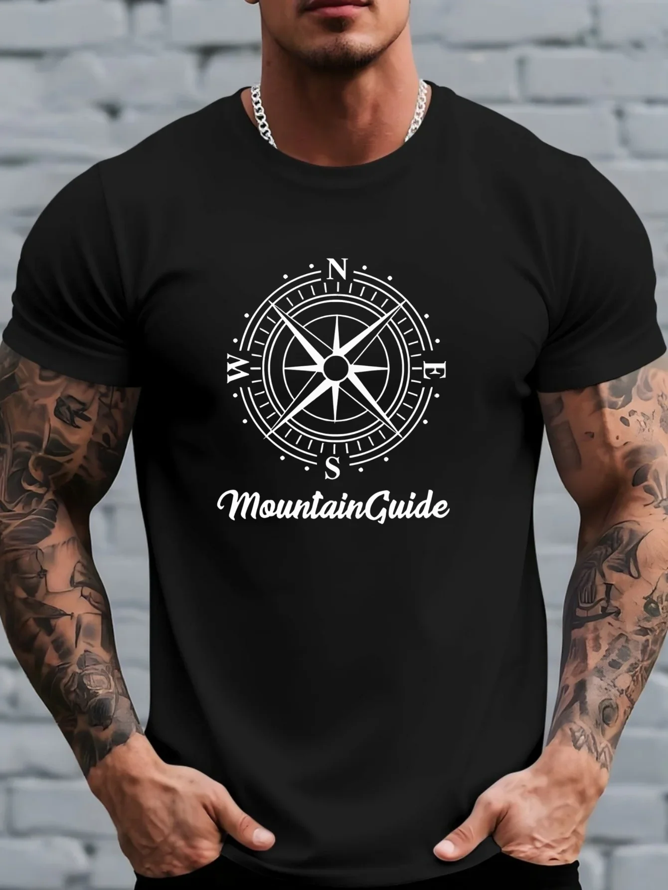 Fashion New Men's Compass Mountain Guide Graphic T‑Shirts Casual Short Sleeve Crew Neck Outdoor Adventure Print Tee Tops