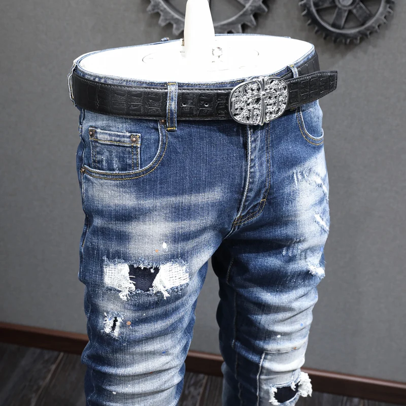 Street Fashion Men Jeans Retro Blue Elastic Stretch Slim Ripped Jeans Men Vintage Trousers Patched Designer Hip Hop Pants Hombre
