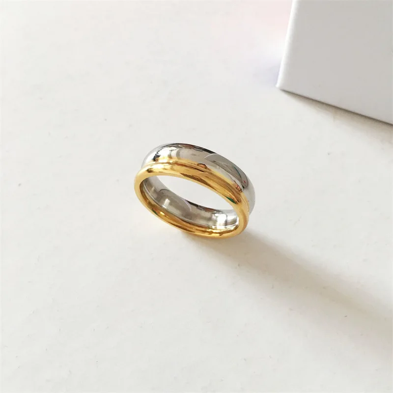 Minimalist Gold Silver Color Partially Stacked Double Layer Stainless Steel Chunky 2 Layered Wide Ring Waterproof  For Womens