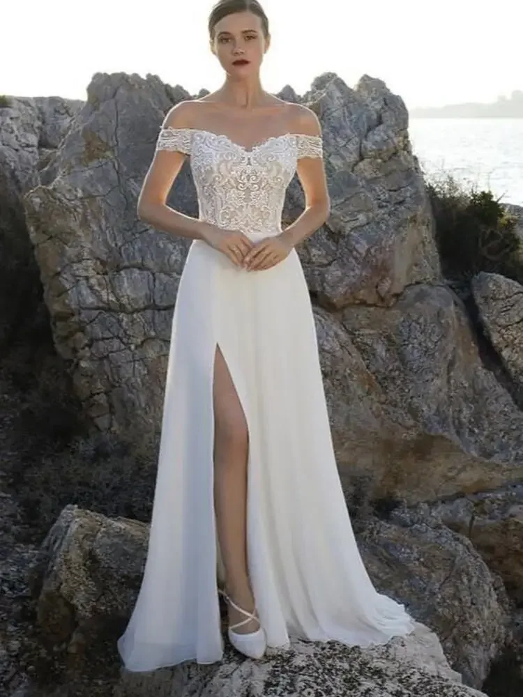 Flavinke-vestido de novia de gasa para mujer, prenda sencilla de playa con apliques, hombros descubiertos, abertura lateral, longitud hasta el suelo