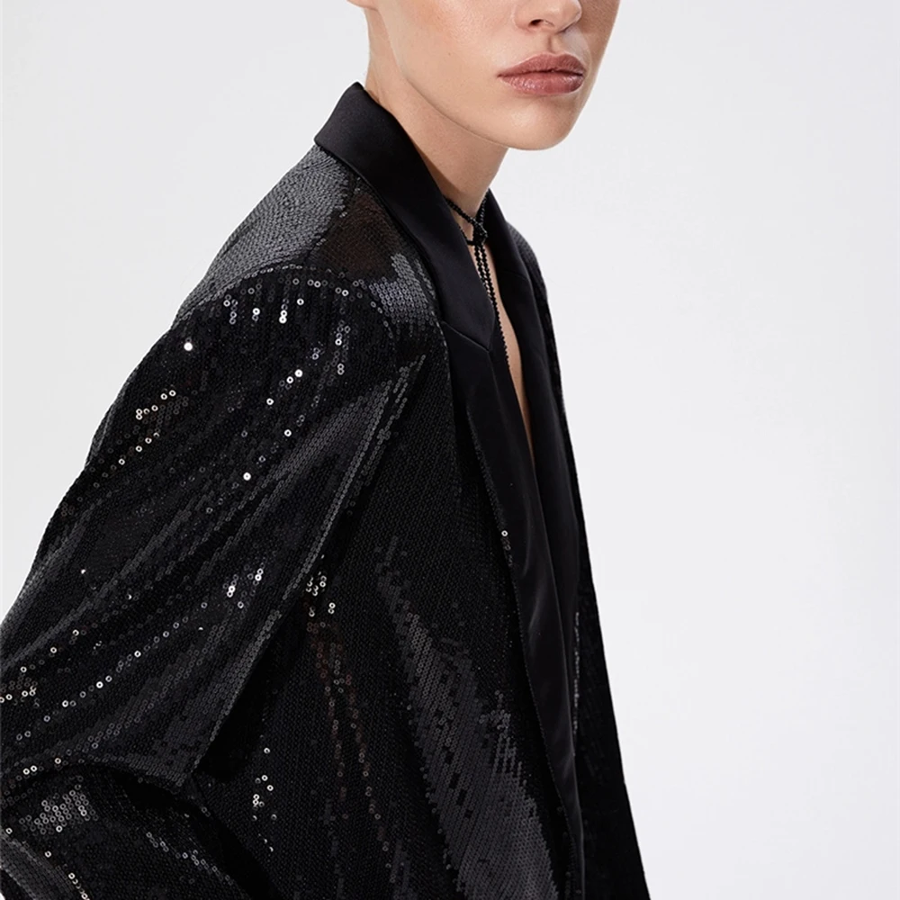 TWOTWINSTYLE Solid Spliced Button Blazers For Women Notched Collar Long Sleeve Patchwork Sequins Chic Blazer Female Fashion New