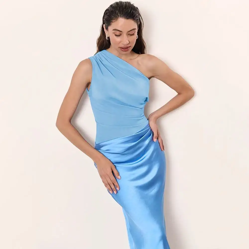 Patchwork Satijn Sexy Een Schouder Dames Maxi Jurk Bruin Mouwloze Avondjurk Zomer Slanke Elegante Party Clubwear