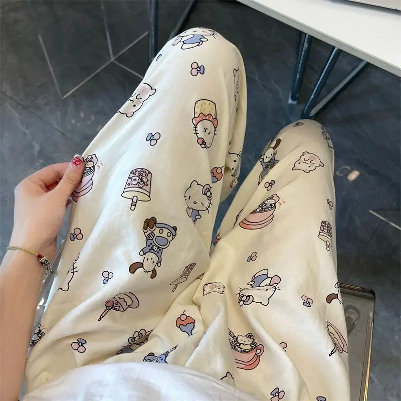 Sanrio-pantalones de pijama finos de Hello Kitty para mujer, pantalón de dibujos animados para caminar, estilo coreano, holgado, informal, pierna ancha, regalo para niña