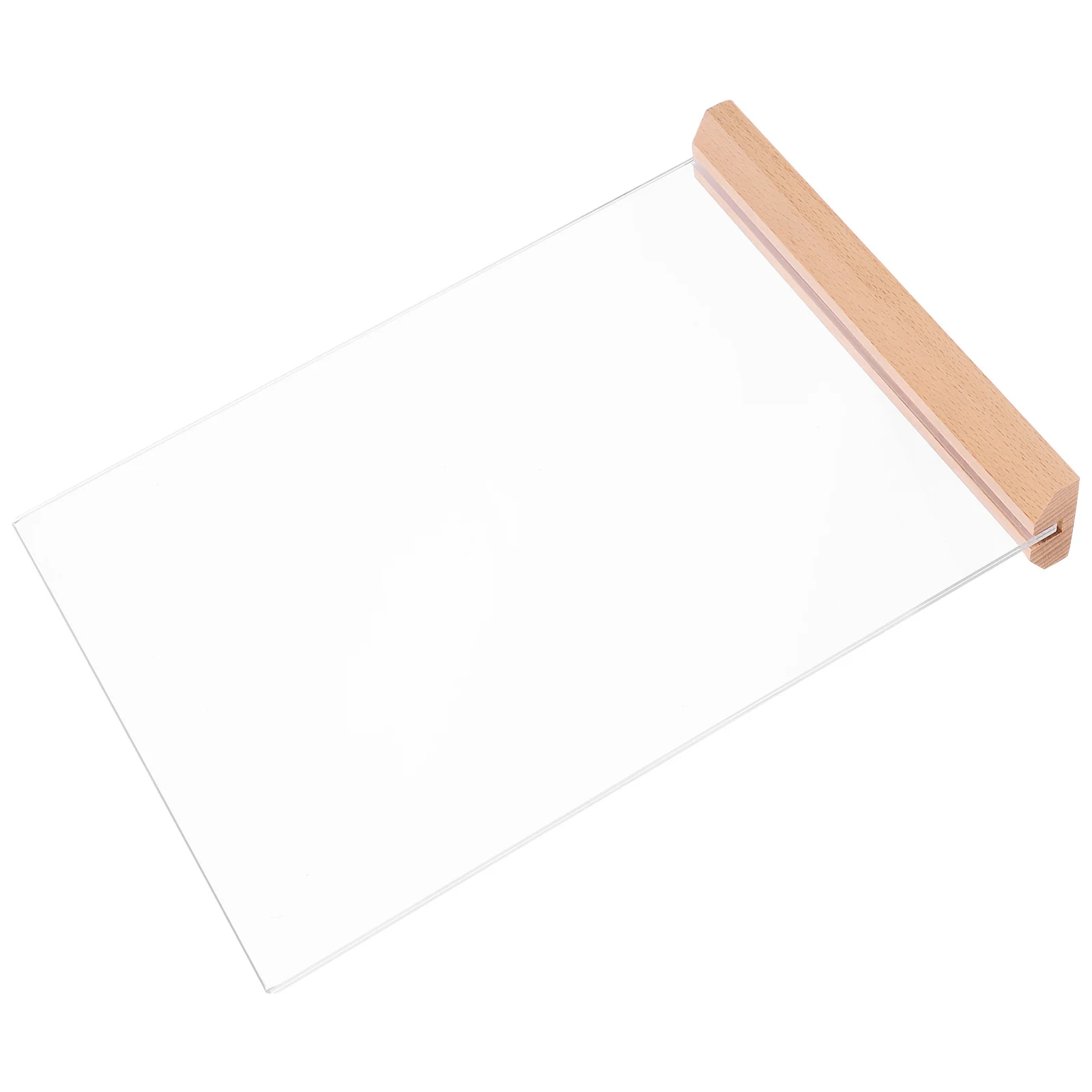 Acryl bordhouder met houten basis Doorzichtige brochure displaystandaard voor prijsetiket Menu Reclamebruik Winkel Winkel