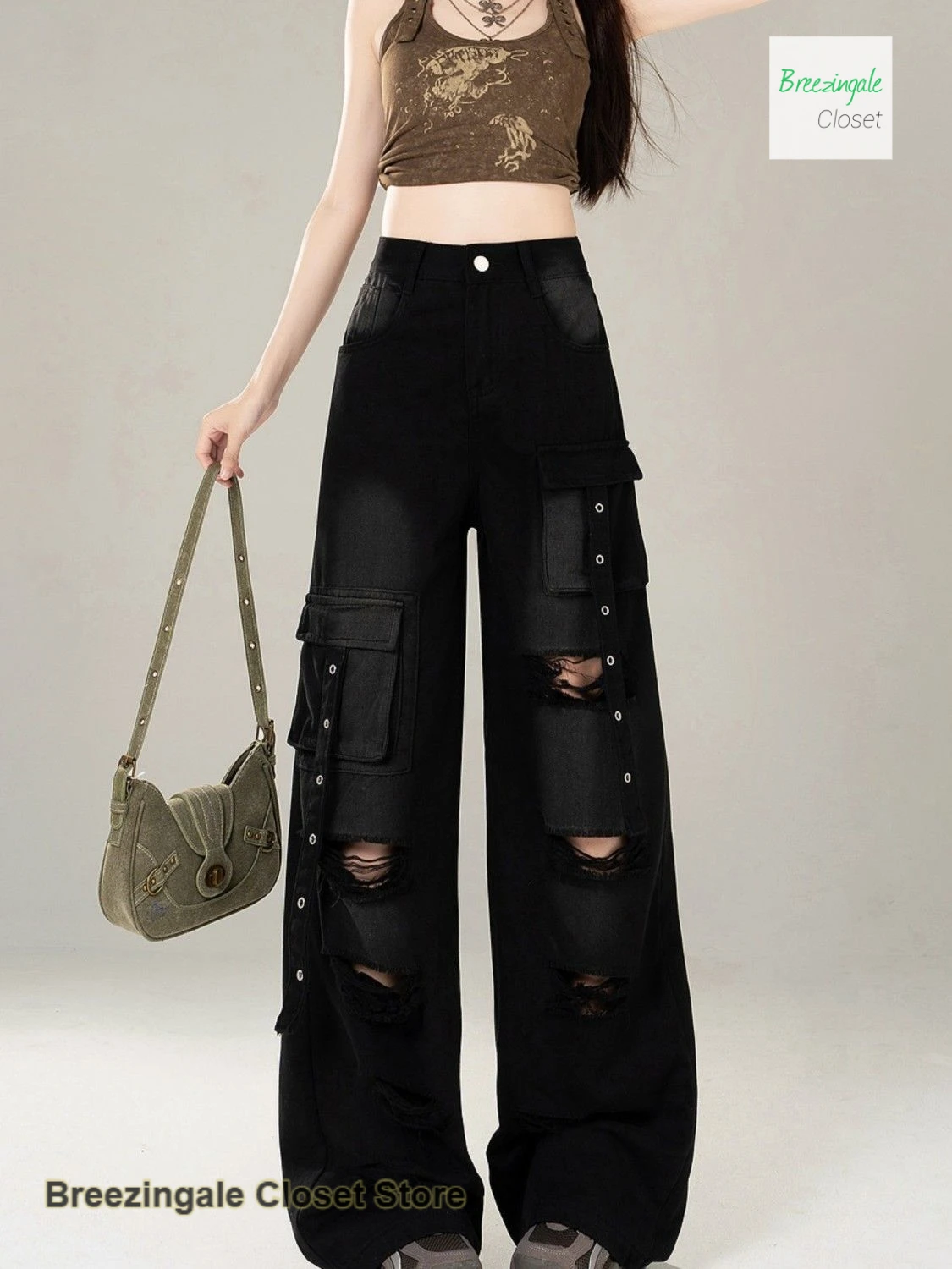 American black temperament high street hole tooling straight jeans female new fashion design Joker high waist wide-leg pants.