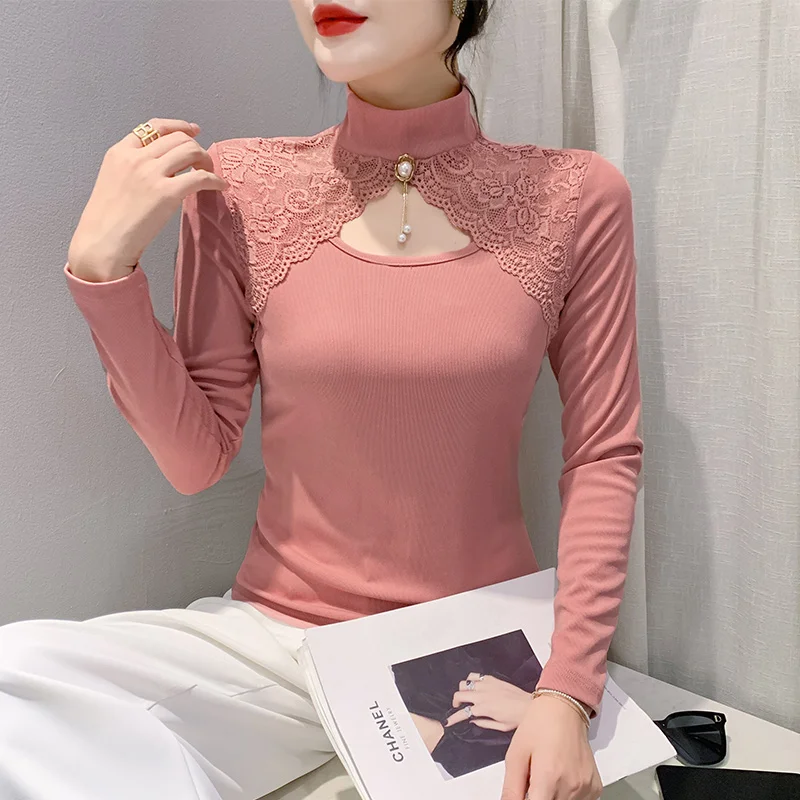 Camiseta larga Sexy con cuello levantado y huecos para mujer, Top con flecos empalmados, Base ajustada, irt Commute Sle