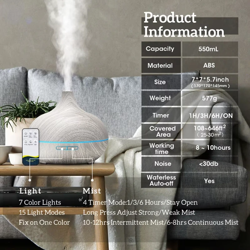 Увлажнитель воздуха, диффузор эфирного масла, 500 мл, с подсветкой, ультразвуковой электрический диффузор для ароматерапии с дистанционным управлением