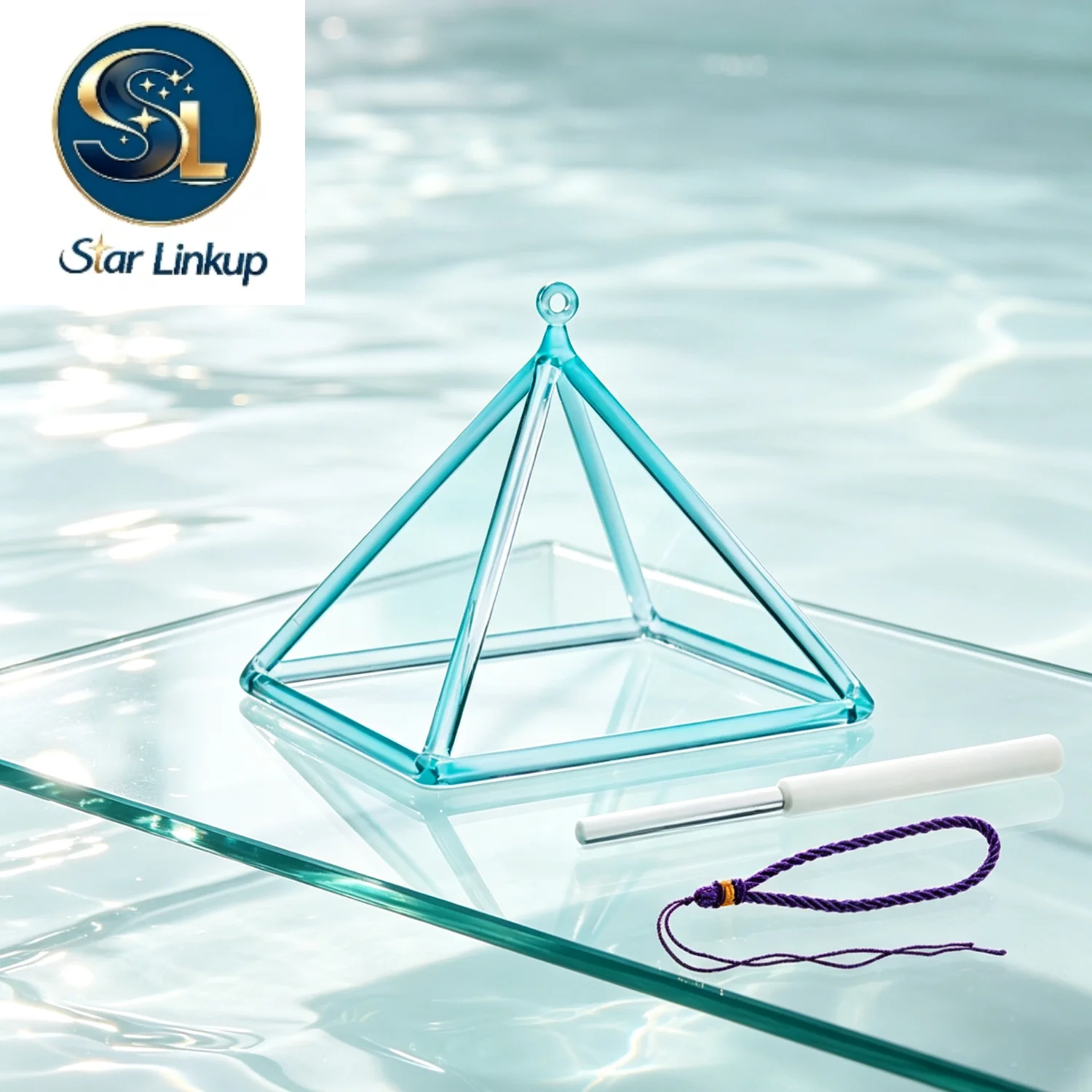 STAR LINKUP 3‑14 Inch Cyan Quartz Crystal Singing Pyramid Triangular Tower With Mallet, Sound Healing for Yoga Meditation Sound Bath
