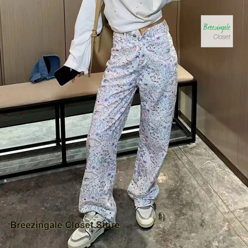 American ins graffiti full printed flower jeans women's spring and summer new fashion design high waist loose wide-leg pants