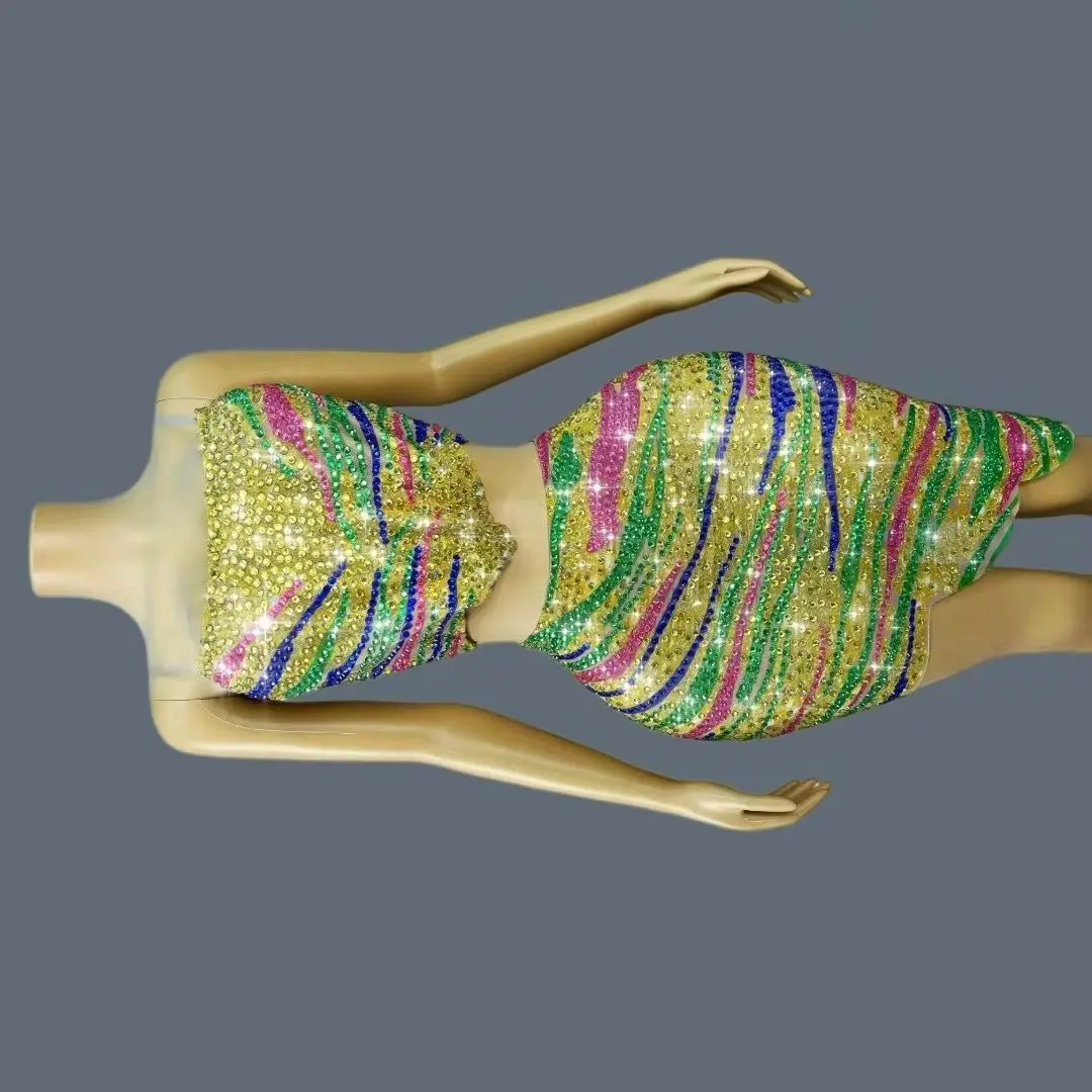 Sparkly Multicolor Striped Rhinestone 2 Piece Set Asymmetrical Crop Top Irregular Mini Skirt Mesh Stage Party Sexy Outfit Caihen
