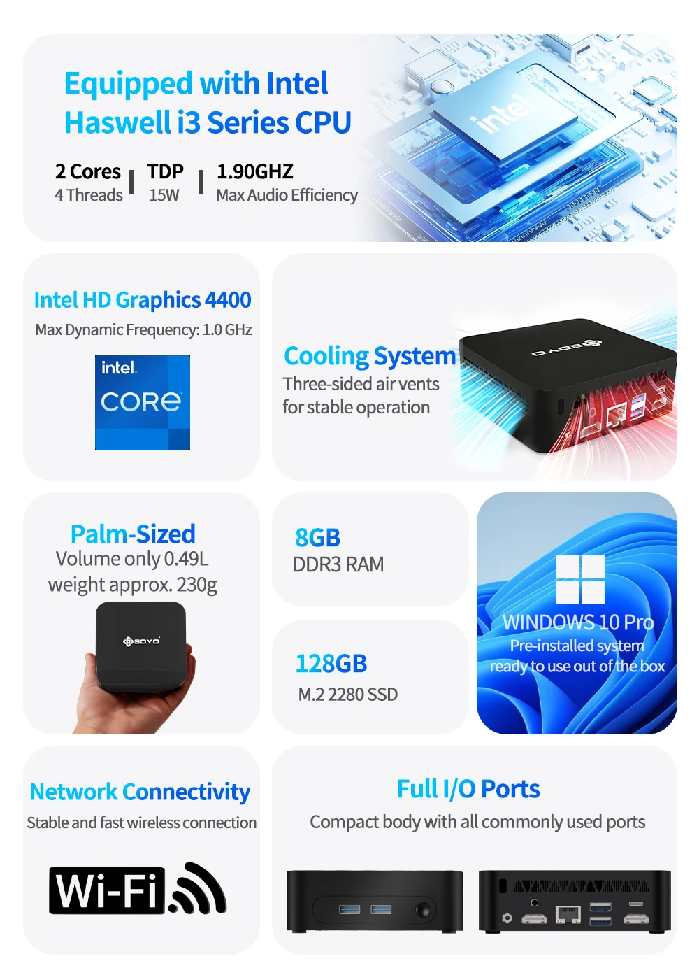 Soyo Mini Pc Y5 Intel I3 4Th 8Gb Ram 128Gb Rom Windows 10 Wifi Bt4.2 Desktop Computer