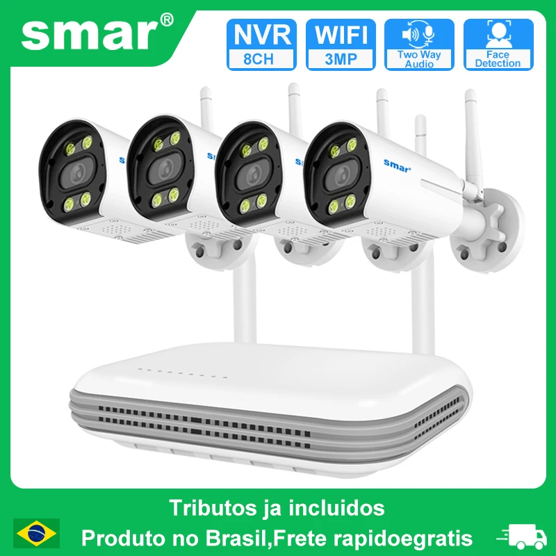 Smar  Kit Câmera Segurança WiFi 3MP 4 Câmeras NVR 8 Canais Completo Externa Visão Noturna Colorida com Áudio ICSEE