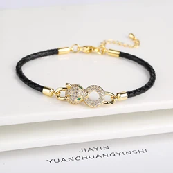 Bully Shiny Zirconia Animal Leopard Head Leather Rope Braided Charms Women Bracelets Personalized for Men's Holiday Jewelry Gift
