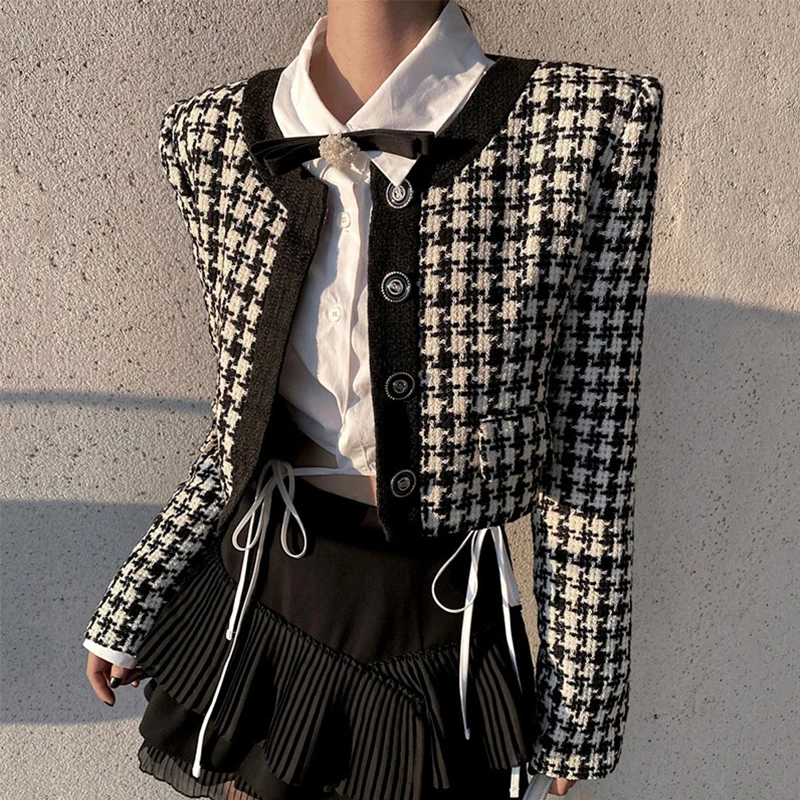 MEXZT Vintage Cropped Tweed Jacket Women Elegant Houndstooth Coats Winter Ladies Korean Long Sleeve Outerwear Chic Blazer New