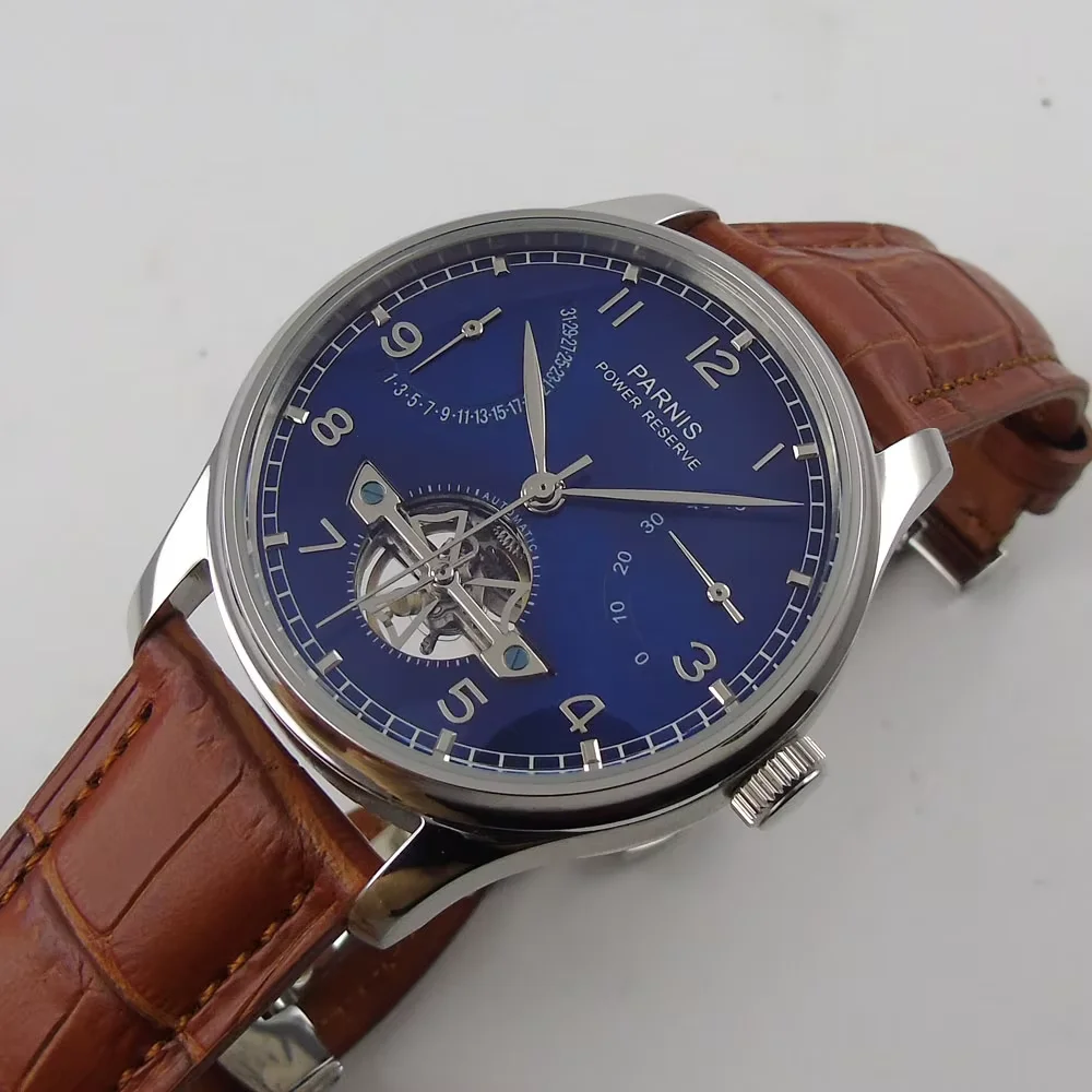 43mm parnis Blue Black white dial power reserve Luxury Brand Genuine Leather deployment clasp automatic movement men\'s watch