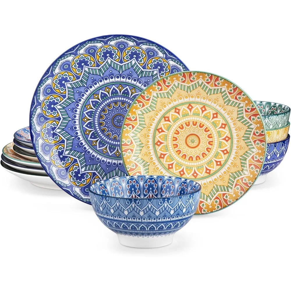 

Mandala 12 Pieces Dinnerware Sets, Porcelain Dinner Set for 4, Boho Plates and Bowls Set, Colorful Dish Sets