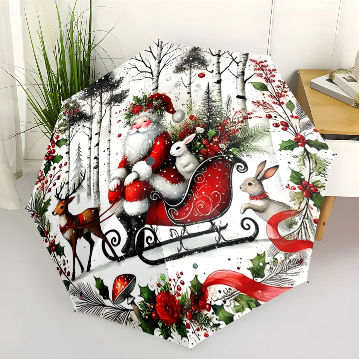 Santa Claus Sleigh with Deer Winter Forest Christmas Art portable waterproof sun rain umbrella for outdoor travel beach
