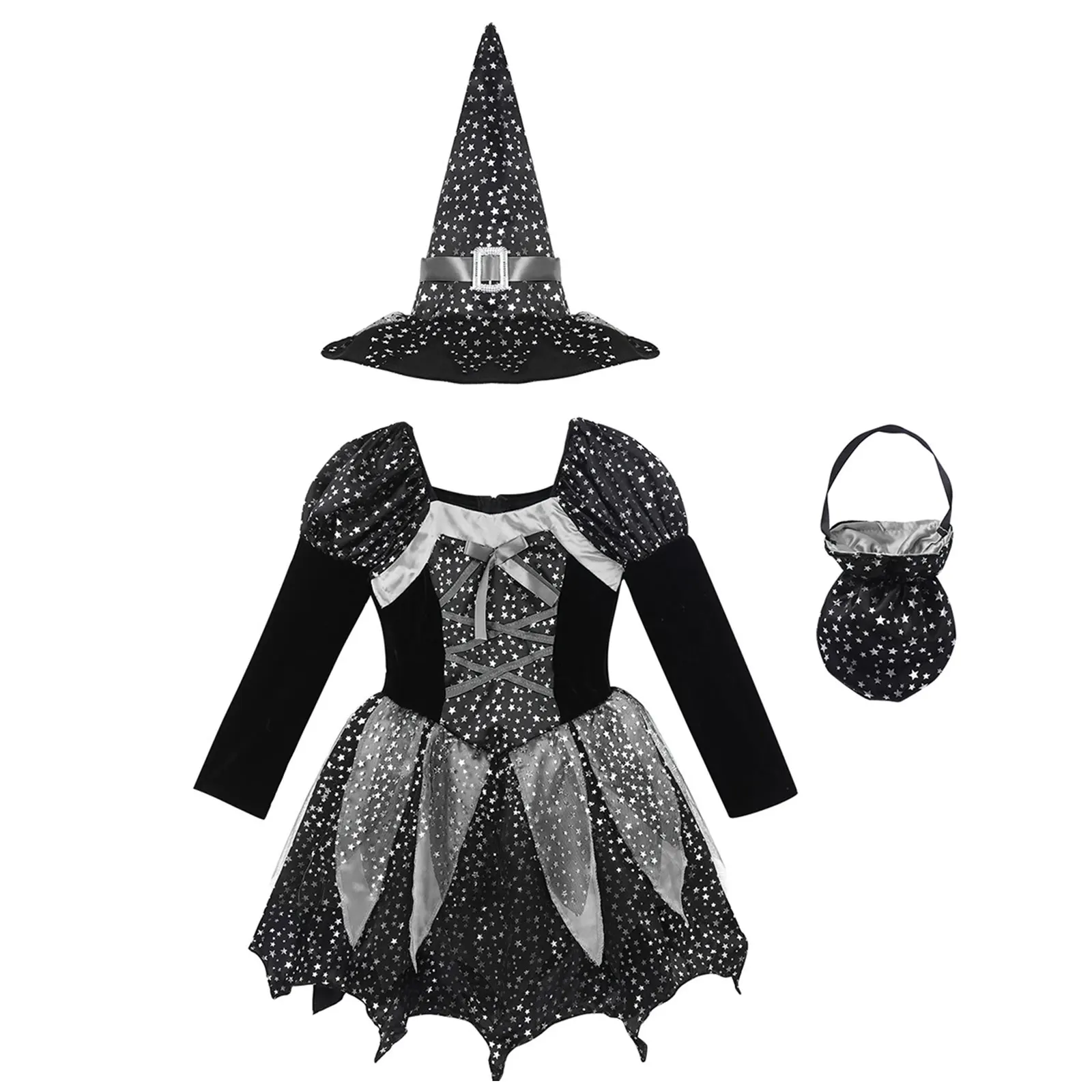 Girls Witch Sorceress Cosplay Costume Princess Dress with Candy Bag Pointed Hat for Halloween Masquerade Carnival Theme Party