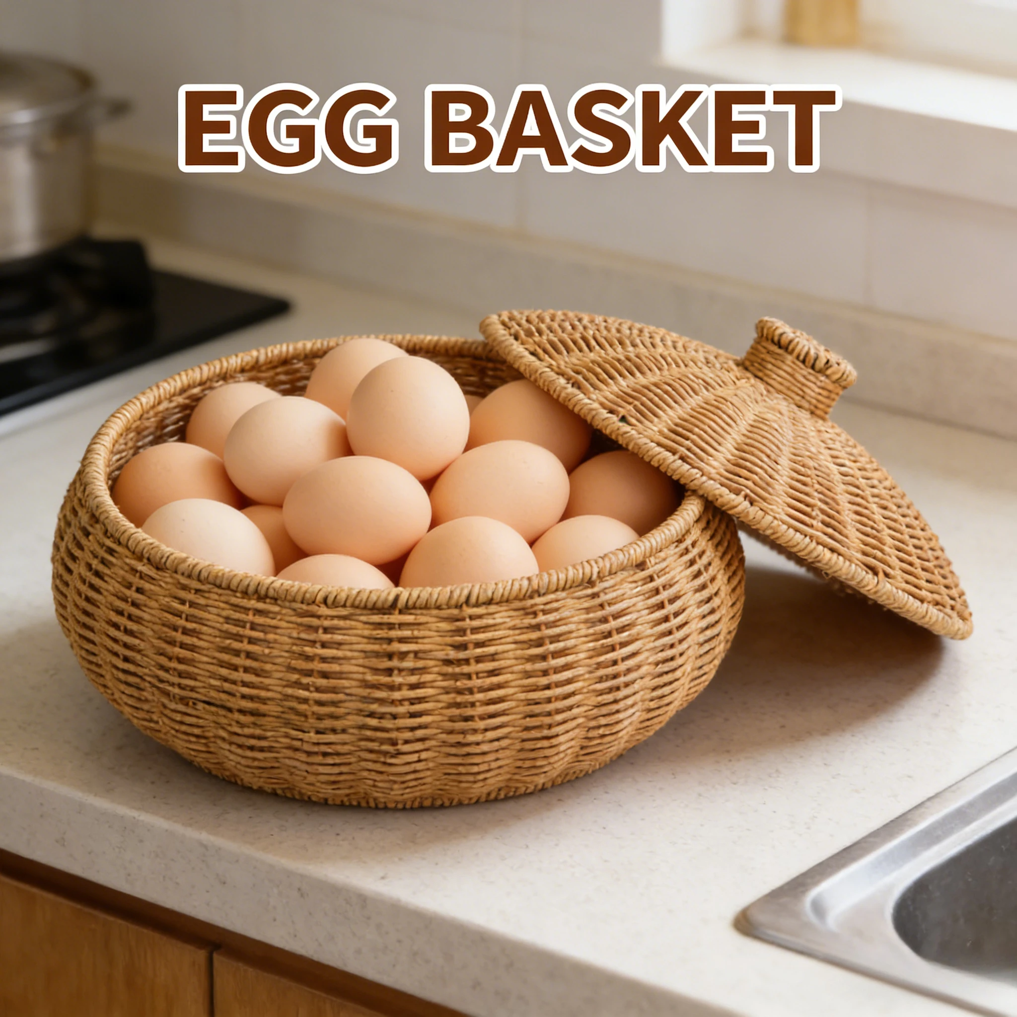 Handwoven Imitation Rattan Round Lidded Storage Basket, Bread Box & Fruit Organizer for Kitchen Dining Table Pantry Home Decor view 5