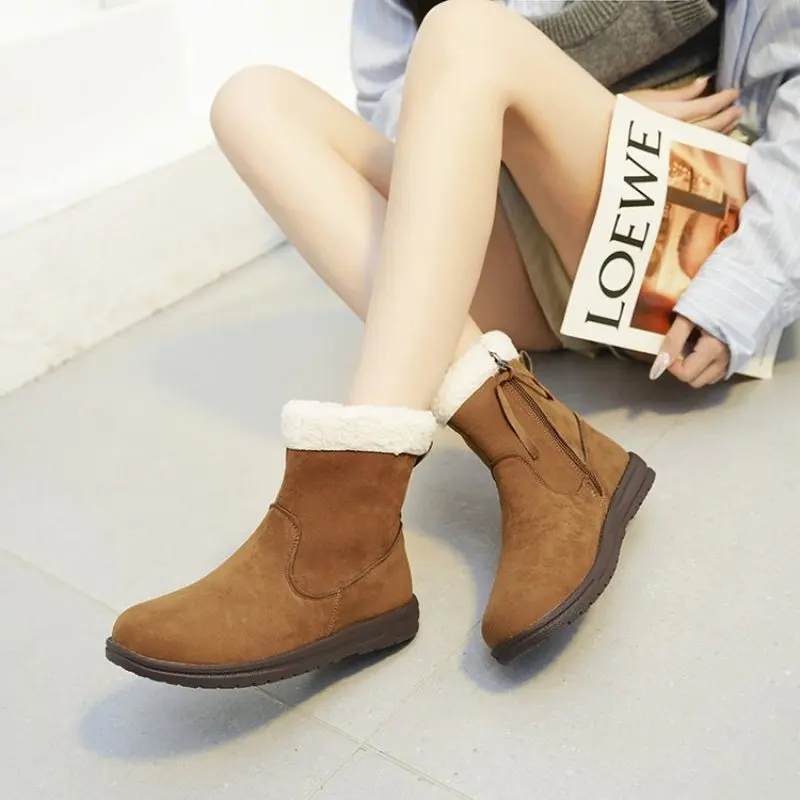 

2023 Snow Boots Side Zipper with Suede leather Warm Cotton Women Boots Winter Women's Slip On Moccasins Warm Fur Lined Loafers