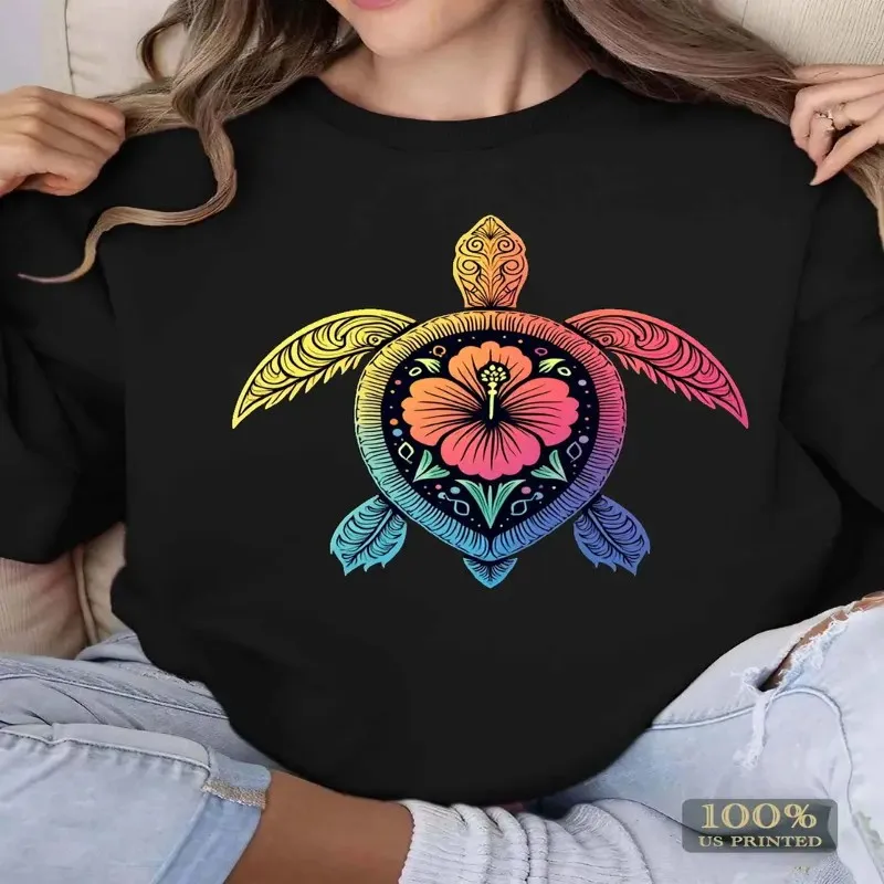 Women Plus Size Casual Crew Neck Sweatshirt, 100% Polyester Knit Fabric, Geometric Tribal Turtle Hibiscus Design, Long Sleeve