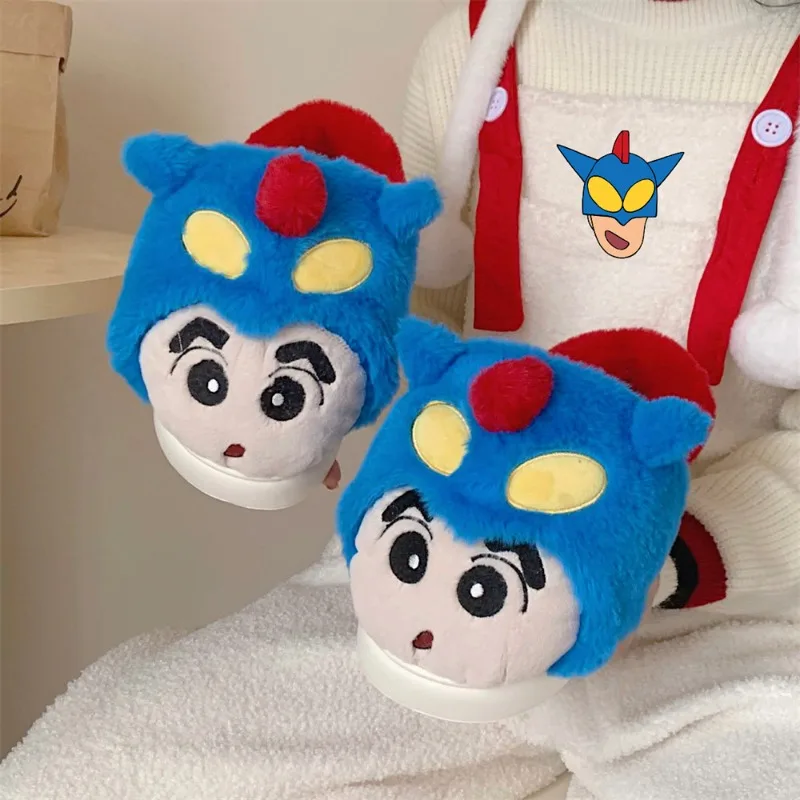 

New Cute Crayon Shinchan Action Kamen Reversible Plush Slippers Unisex Winter Warm Fuzzy Cozy Couple Home Cartoon Slippers