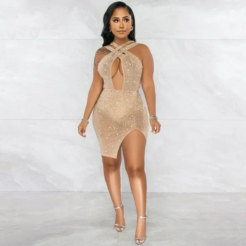 GUWU – robe de soirée courte croisée en maille transparente scintillante, couleur chair, strass, été, pour femmes, découpée, cristal, tenue de soirée, boîte de nuit
