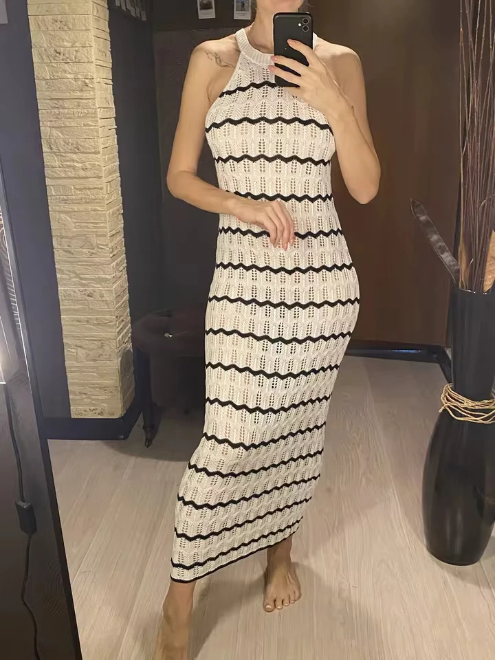 

Sleeveless Striped Hollow Out Crochet Knitted Tunic Beach Cover Up Cover-ups Beach Dress Beachwear Female Women Beach Wear V6755
