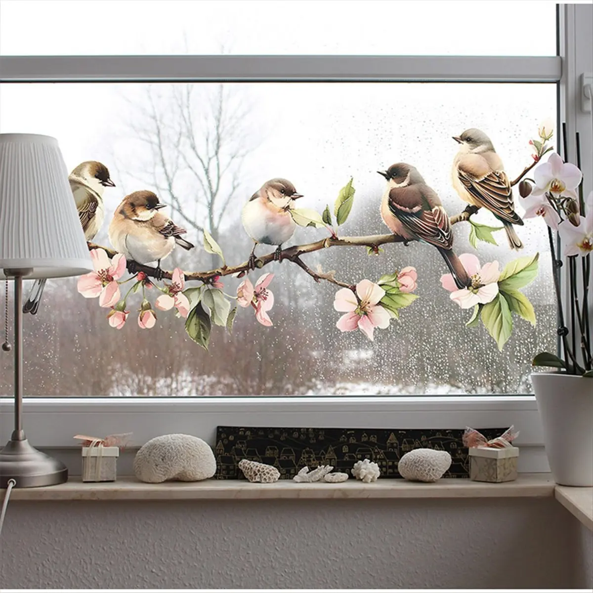 2026 NEW 60x25cm Flowers Branches Birds PVC Window Stickers Glass Self Adhesive Wall Sticker Home Bedroom Living Room Decoration