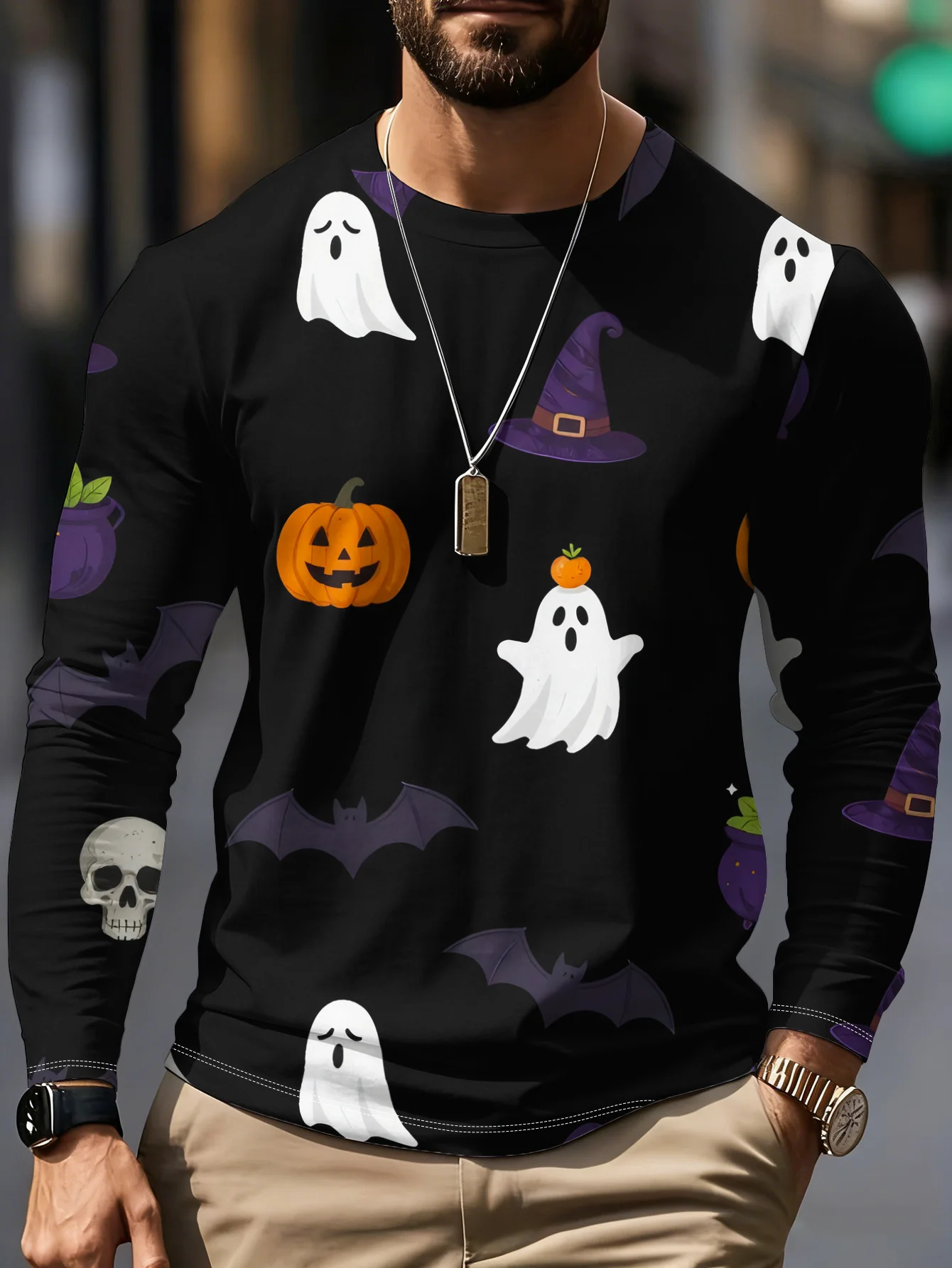 Men's Long Sleeve T-Shirt Halloween Ghost Pumpkin Witch Hat Bat Skull 3D Print Crew Neck Casual Tops