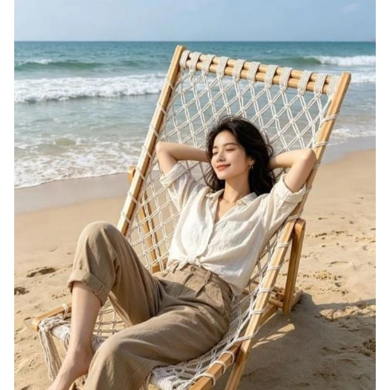 Outdoor Camping Folding Hand Woven Cotton Rope Lounge Chair, Removable and Washable, Living Room for Lunch Break，Chaise Lounge