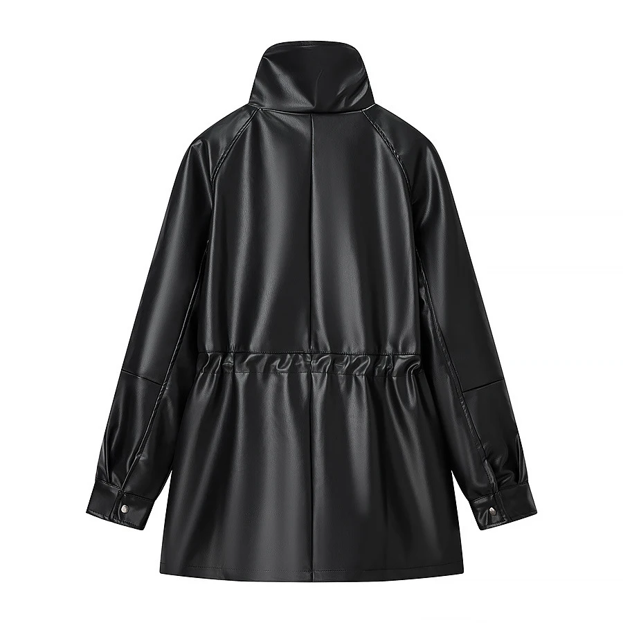 Black Handsome Leather Jacket Fashionable Versatile Casual Drawstring Waist Cinched Leather Coat Double Breasted Women's Jacket