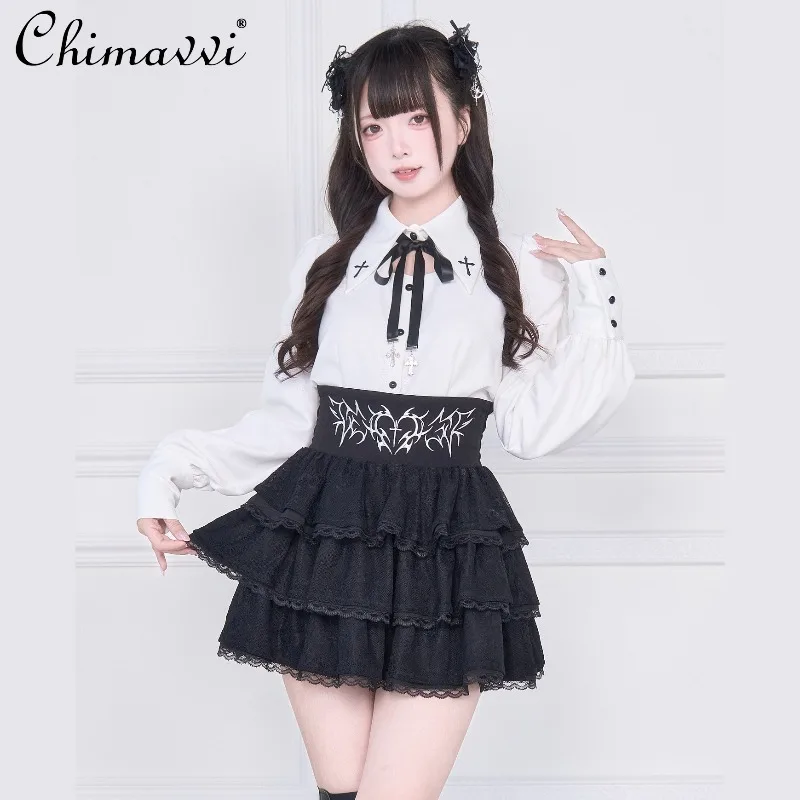 

Японский комплект из рубашки и юбки с вышивкой крестом субкультуры, осень 2023, новый готический стиль, темная девушка, женский комплект из двух предметов в стиле Лолиты