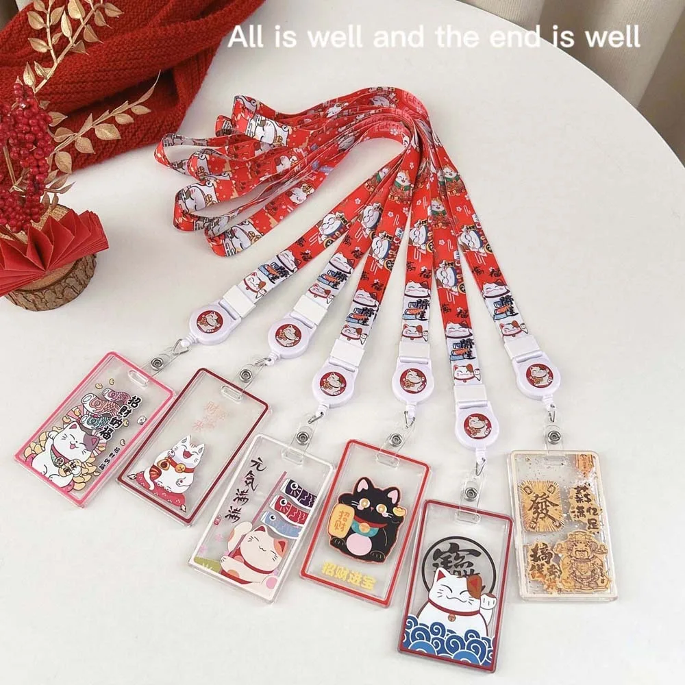 Portatarjetas Maneki Neko de cuerda larga, estuche para tarjetas de dibujos animados Maneki Neko, funda para tarjetas de gato de la suerte para estudiantes, colgante con hebilla retráctil