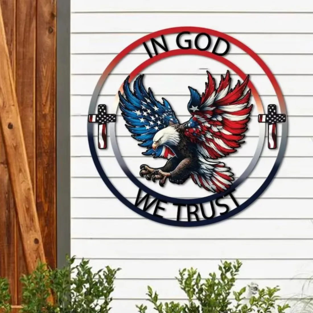 CIFBUY 1pc American Eagle USA Flag Metal Tin Sign,20x30cm,2D Flat Cutout Print Patriotic Wall Decor In God We Trust